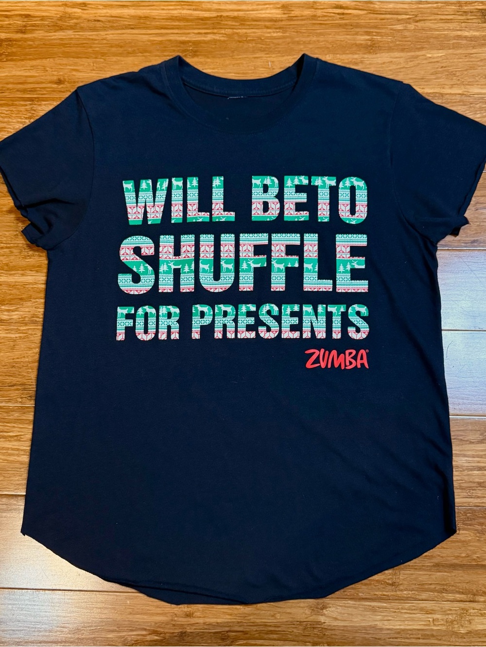 Zumba Fitness Women’s “Will Beto Shuffle For Presents” Christmas Shirt ALTERED S